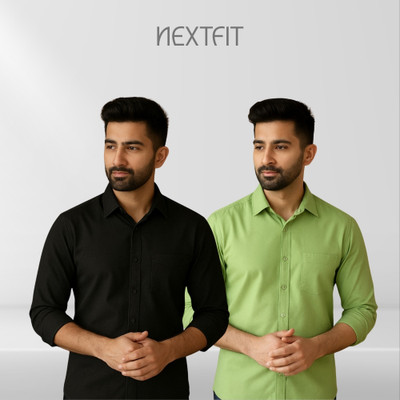 Nextfit Men Solid Casual Black, Green Shirt(Pack of 2)