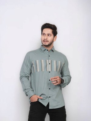 U and J Men Solid, Striped Casual Light Green Shirt