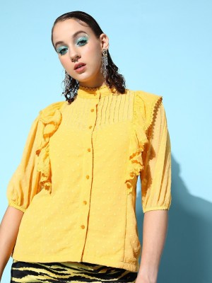 PLUSS Women Self Design Casual Yellow Shirt