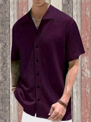 MUMIN Men Self Design Casual Purple Shirt