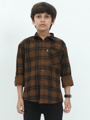 AIDAN PAUL Boys Checkered Casual Brown Shirt