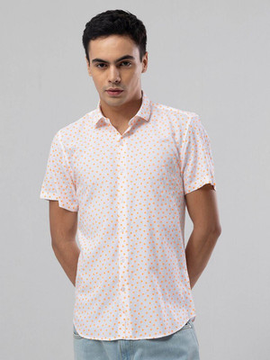 Snitch Men Printed Casual Orange, White Shirt