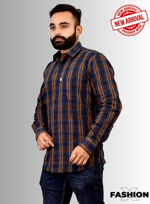 Marc Laurent Men Checkered Casual Brown, Dark Blue, Blue Shirt