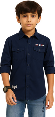 ROCKET SCIENCE Boys Self Design Casual Dark Blue Shirt