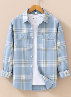 FOXEY Men Checkered Casual Blue Shirt