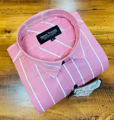 Hems trends Men Striped Casual Pink Shirt
