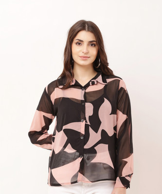 STYLE BEURUA Women Self Design Casual Black, Pink Shirt