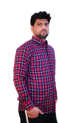 Fab Finner Men Checkered Casual Dark Blue, Pink, White Shirt