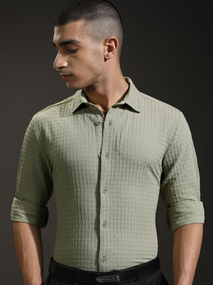 HIGHLANDER Men Self Design Formal Green Shirt