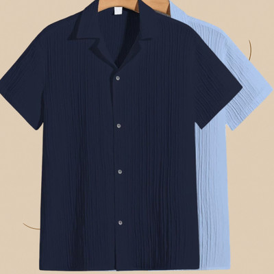 Looksky Men Self Design Casual Dark Blue, Light Blue Shirt(Pack of 2)
