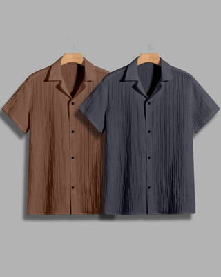 House of Vinay Men Self Design Casual Brown, Grey Shirt(Pack of 2)