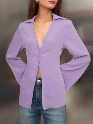 OUTZIDR Women Solid Party Purple Shirt