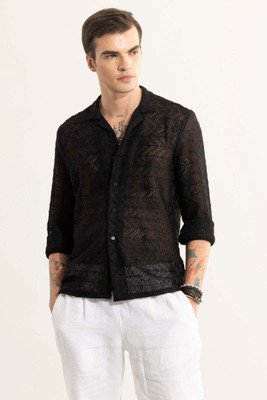Snitch Men Self Design Casual Black Shirt