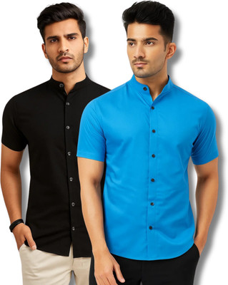 GOD HEART Men Solid Casual Black, Blue Shirt(Pack of 2)