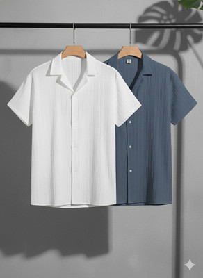 WUXI Men Solid Casual Light Green, White Shirt(Pack of 2)