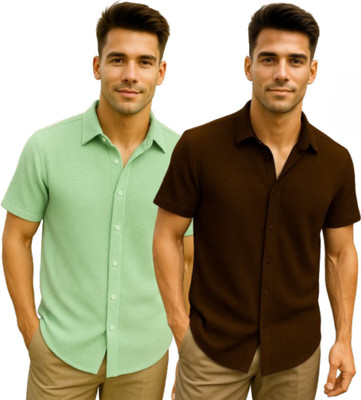 METRONAUT Men Solid Casual Brown, Green Shirt(Pack of 2)
