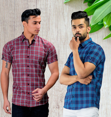 BASE 41 Men Checkered Casual Blue, Maroon Shirt(Pack of 2)