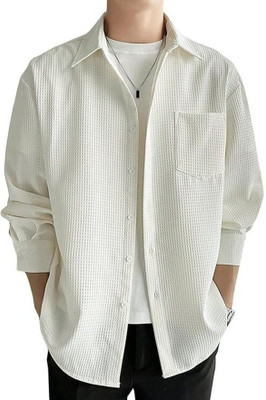 rocefas Men Self Design Casual White Shirt