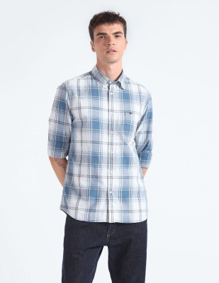 FLYING MACHINE Men Checkered Casual Light Blue, White Shirt