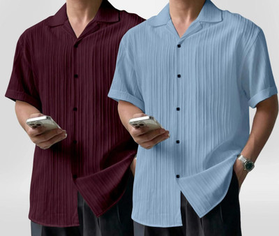 METRONAUT Men Self Design Casual Maroon, Light Blue Shirt(Pack of 2)