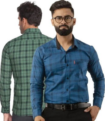 Click Everyday Men Checkered Casual Blue, Green Shirt(Pack of 2)