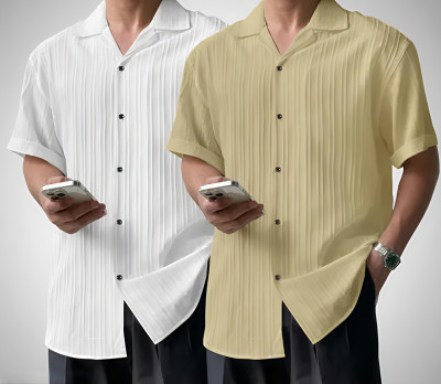 METRONAUT Men Self Design Casual White, Beige Shirt(Pack of 2)