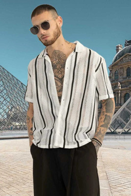 Manav Creation Men Self Design Formal White, Black Shirt
