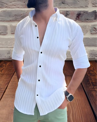 Fabvala Men Striped Casual White Shirt