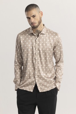 Snitch Men Polka Print Casual Beige Shirt