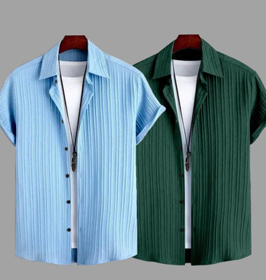 TIGERSNAKE Men Striped Casual Light Blue, Green Shirt