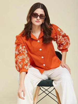 J TURRITOPSIS Women Embroidered Casual Orange Shirt