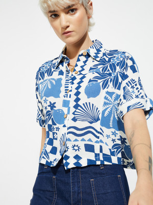 MAX Women Printed Casual Blue, White Shirt
