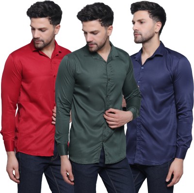 FILNECH Men Solid Casual Dark Blue, Dark Green, Red Shirt(Pack of 3)