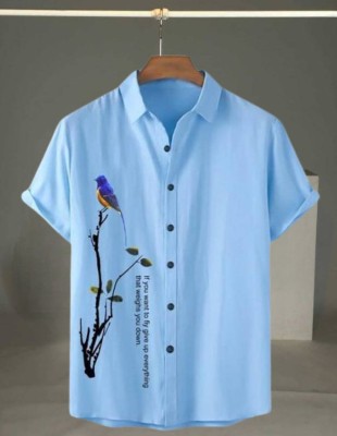 QUQZAKA Men Printed Casual Blue Shirt