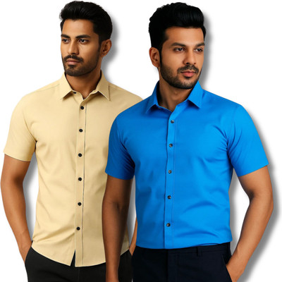 RAREMARK Men Solid Formal Beige, Blue Shirt(Pack of 2)
