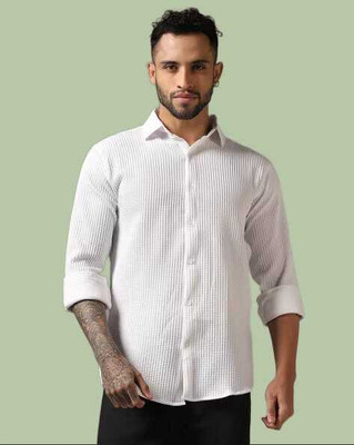 DUCCKCREATION Men Striped Formal White Shirt