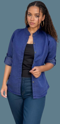 Wingzss Women Solid Casual Blue Shirt