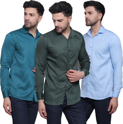 FILNECH Men Solid Casual Dark Green, Green, Light Blue Shirt(Pack of 3)