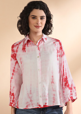 PinkTribe Women Dyed/Ombre Casual White, Red Shirt