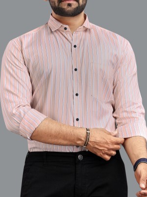 MILDIN Men Striped Formal Pink, Black, White Shirt