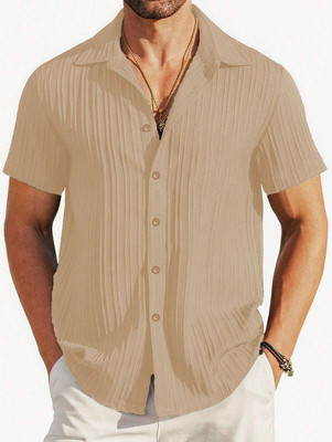 Hityyani Men Striped Formal Beige Shirt