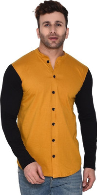 GEUM Men Color Block Casual Yellow, Black Shirt