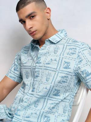 HIGHLANDER Men Printed Casual Light Blue Shirt