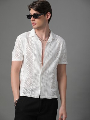 Voroxy Men Self Design Casual White Shirt
