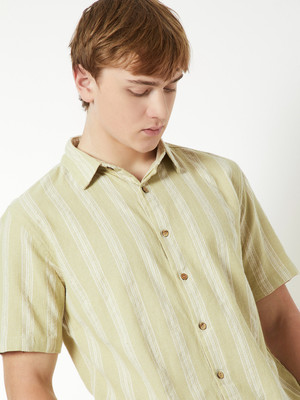 MAX Men Striped Casual Green Shirt
