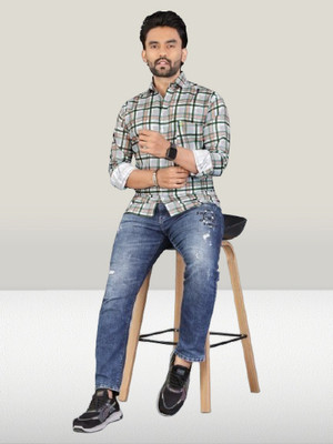Stellalifestyle Men Printed Formal Green Shirt