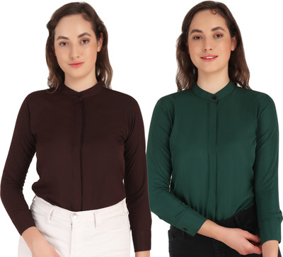 Hunoor Women Solid Casual Brown, Green Shirt(Pack of 2)