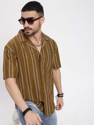 Showoff Men Striped Casual Dark Green Shirt