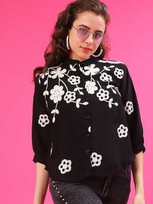 V-MART Women Embroidered Casual Black Shirt