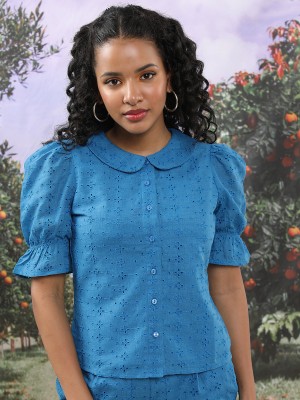 Tokyo Talkies Women Embroidered Casual Light Blue Shirt